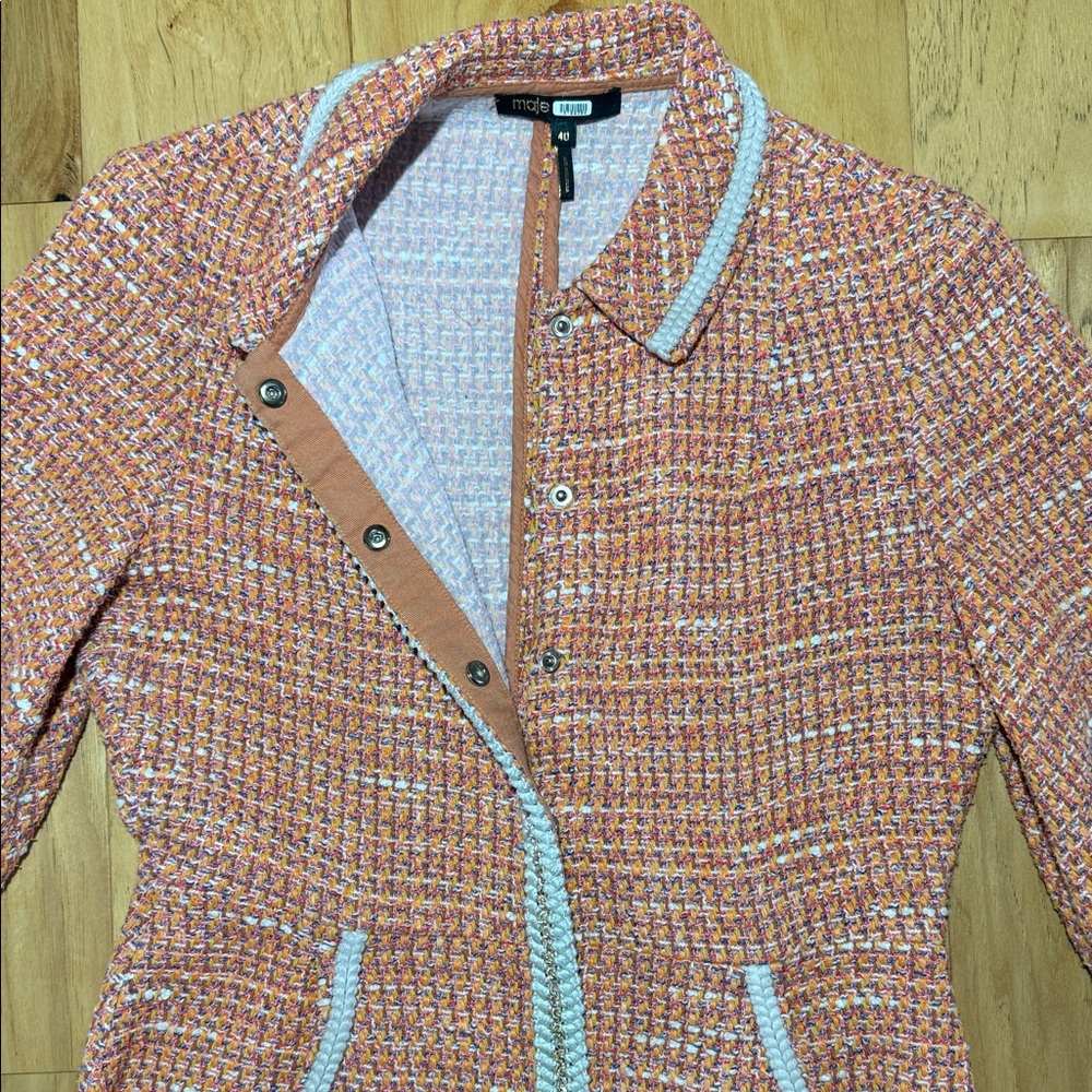 Maje Peach Tweed Mini Dress with White Trim - Picture 6 of 13